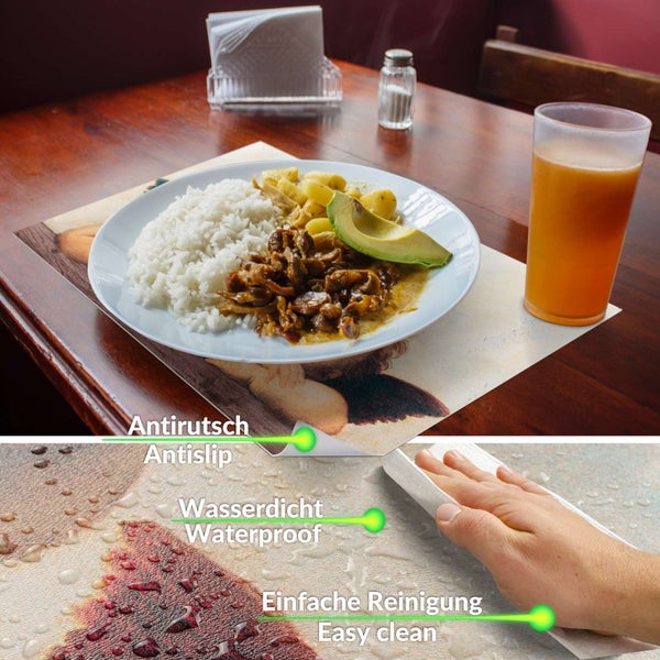 Platzset mit klassischem Kunstmotiv auf einem Holztisch, wasserdicht, rutschfest und leicht zu reinigen.