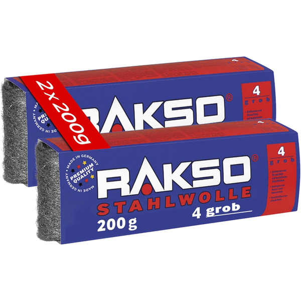 Rakso Stahlwolle Sorte 4 grob, zwei Packungen zu je 200 Gramm, hergestellt in Deutschland.