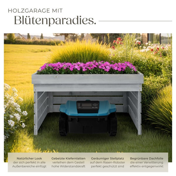 Holzgarage mit bepflanzbarem Dach und Rasenroboter