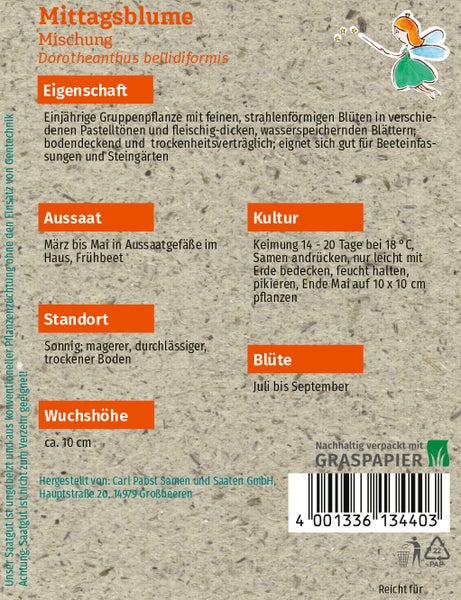 Rückseite der Samentüte Carl Pabst Mittagsblume Mischung mit Kulturanleitung, Blütezeit, Wuchshöhe circa 10 Zentimeter und Graspapier Logo.