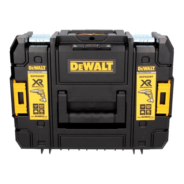 DeWalt TSTAK System-Werkzeugkoffer für Trockenbauschrauber Modell DCF620NT mit DeWalt Logo und Metallschließen.