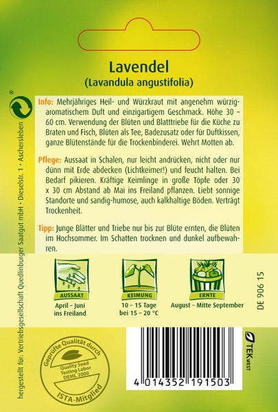 Rückseite Samentüte Lavendel, Quedlinburger Saatgut Logo. Aussaat: April bis Juni, Keimung: 10 bis 15 Tage, Ernte: August bis Mitte September.