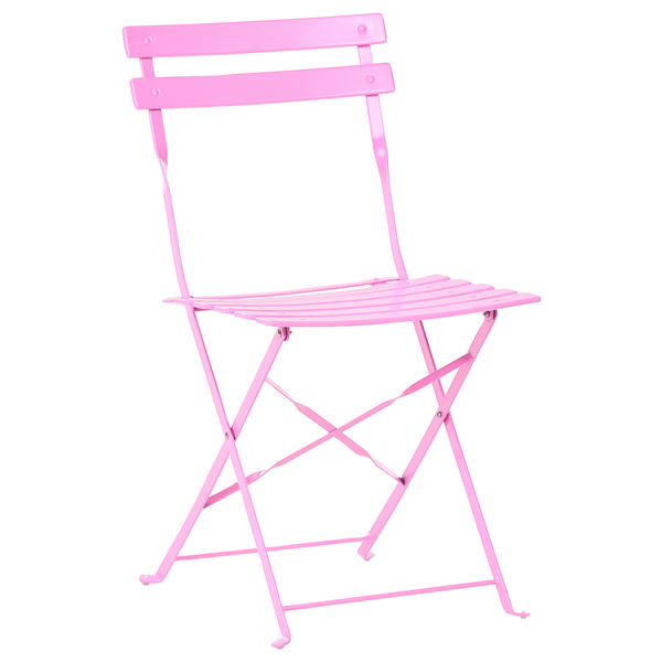 Klappbarer Metall-Gartenstuhl im Bistro-Stil mit Latten-Sitzfläche und Rückenlehne in Rosa.