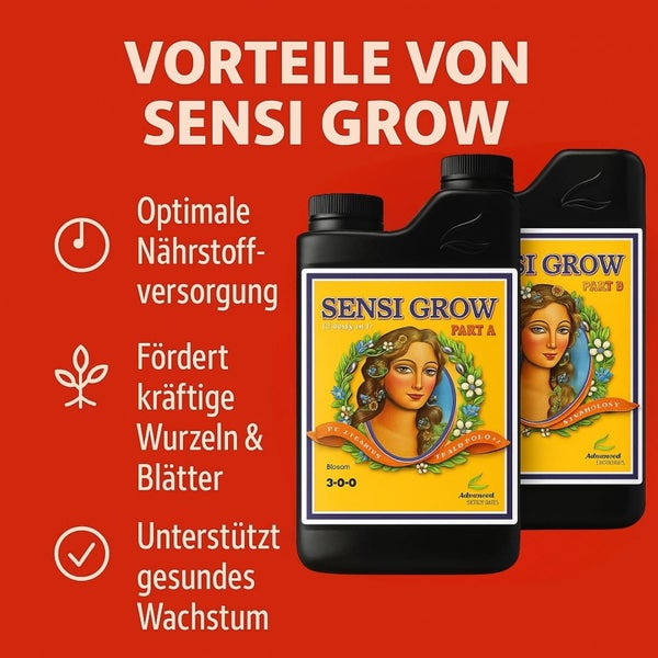 Produktvorteile von Sensi Grow Pflanzendünger Teil A und Teil B von Advanced Nutrients für optimale Nährstoffversorgung und gesundes Wachstum.
