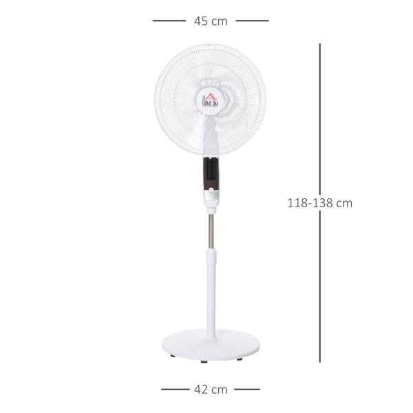 HOMCOM Standventilator, mit 5h Timer Fernbedienung, höhenverstellbar, 42cm x 45cm x 138cm, Stahl, Weiß