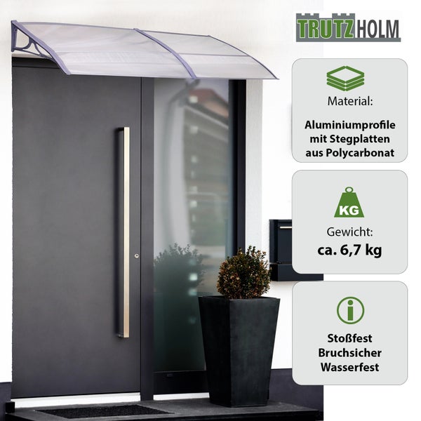 Trutzholm Haustürvordach aus Aluminiumprofilen mit Polycarbonat Stegplatten, stoßfest, bruchsicher und wasserfest.