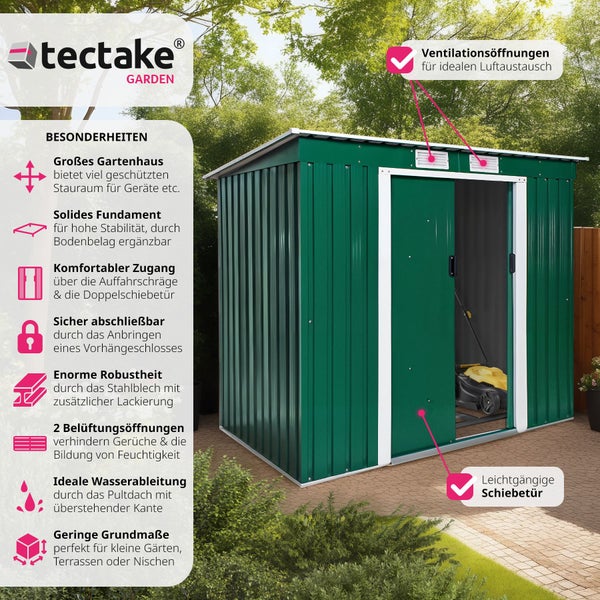 Grünes Metall-Gerätehaus von tectake mit Pultdach, Doppelschiebetür und Belüftung, inklusive tectake Logo und Funktionsbeschreibungen.