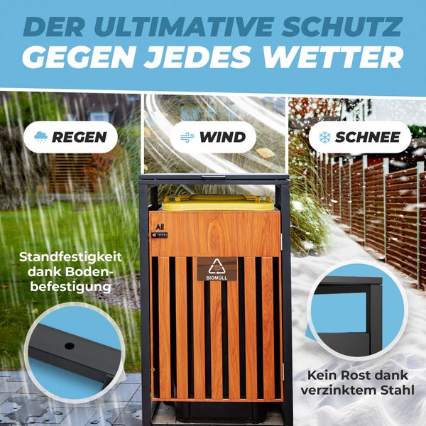 ALL Premium Mülltonnenbox 2er – Abschließbar, wetterfest & edle Holzoptik, für Garten, Hof & Straße, beliebig erweiterbar, legierter Stahl robust & langlebig
