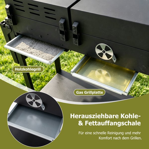 Kombigrill mit herausziehbarer Kohleschale für den Holzkohlegrill und Fettauffangschale für die Gasgrillplatte zur einfachen Reinigung.
