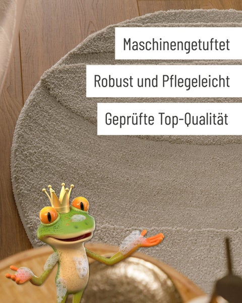 Maschinengetufteter, robuster und pflegeleichter Teppich in geprüfter Top-Qualität mit einer Frosch Illustration.