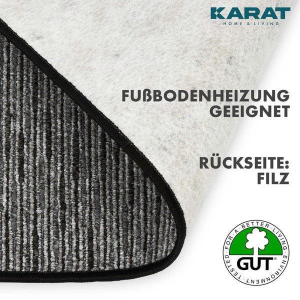 Karat Logo. Teppich mit Filzrücken, geeignet für Fußbodenheizung. Geprüft für ein besseres Wohnumfeld.