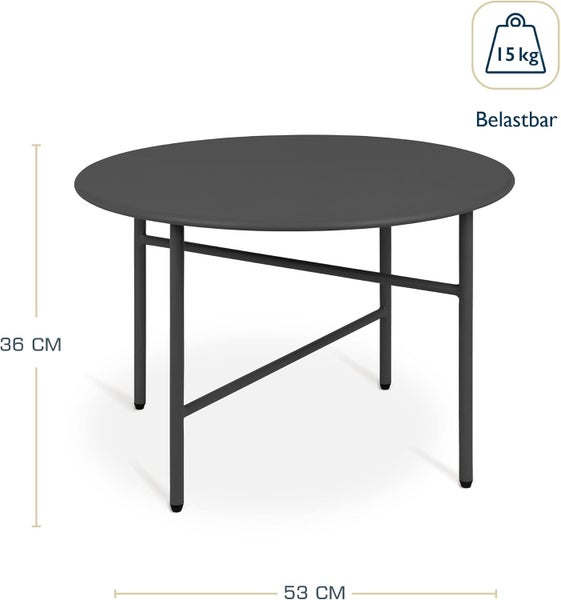 Runder Tisch mit einer Tragfähigkeit von 15 Kilogramm und einer Höhe von 36 Zentimetern sowie einer Breite von 53 Zentimetern.