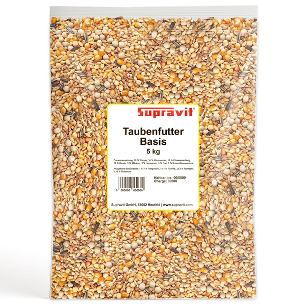 Supravit Taubenfutter Basis, 5 Kilogramm Packung mit Weizen, Mais, Erbsen, Gerste, Dari, Leinsamen und Sonnenblumenkernen.
