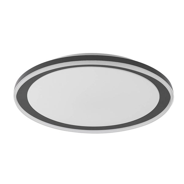 Runde flache Deckenleuchte mit schwarzem Außenring und weißer Abdeckung.