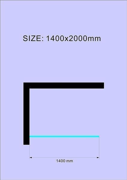 Maßzeichnung einer Duschwand mit den Maßen 1400 mal 2000 Millimeter und einer Breite von 1400 Millimeter.