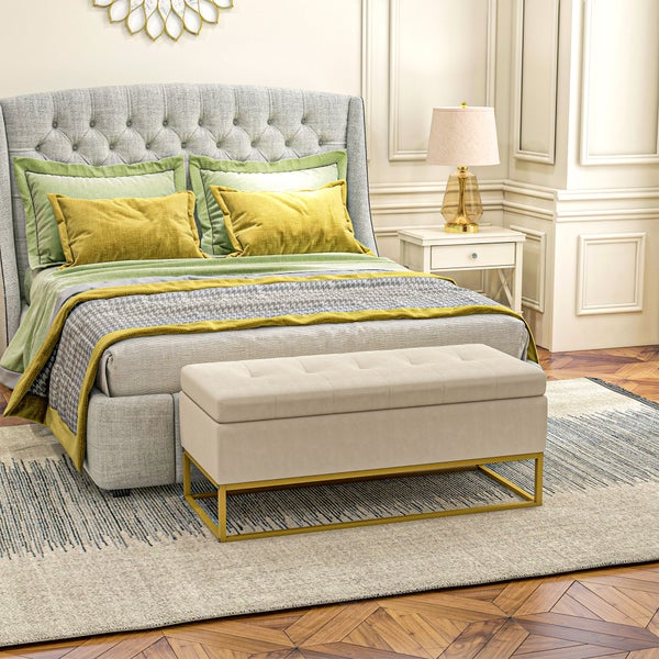 HOMCOM Sitzbank mit Stauraum, Klappdeckel, Stahlbeine, für Wohnzimmer, Schlafzimmer, 110 x 44 x 49 cm, Samtoptik, Beige