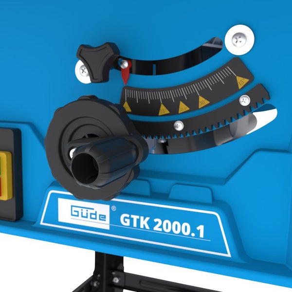 Detailansicht der Tischkreissäge Güde GTK 2000.1 mit Handrad zur Höhenverstellung und Winkelskala von 0 bis 45 Grad.