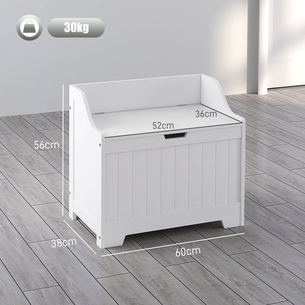 HOMCOM Truhe, Aufbewahrungsbox, Auflagenbox mit Sicherheitsscharnier, U-förmigem Ausschnitt, Gerätetruhe mit Deckel, für Wohnzimmer, Schlafzimmer, Weiß, 60 x 38 x 56 cm