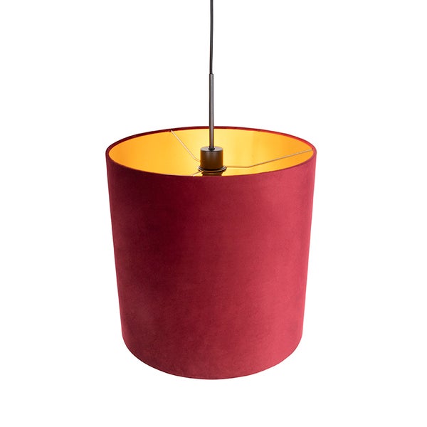 Zylindrischer Lampenschirm aus Samt in Dunkelrot mit goldfarbener Innenseite für Pendelleuchten.