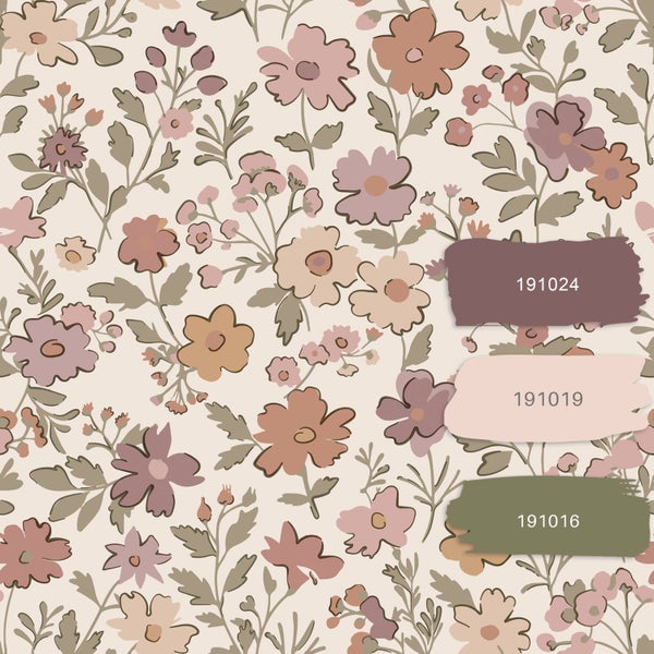 Tapete mit Blumenmuster aus kleinen Blüten und Blättern sowie den Farbcodes 191024, 191019 und 191016.