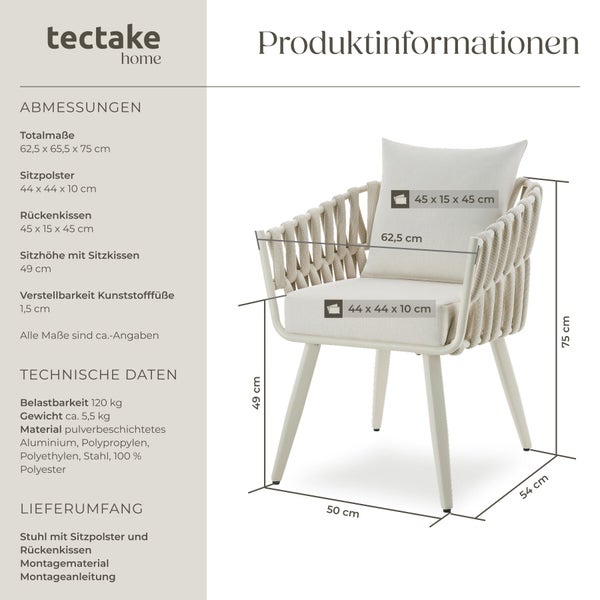Maßzeichnung eines Tectake Home Gartenstuhls mit technischem Datenblatt und Abmessungen der Sitzfläche und Kissen.