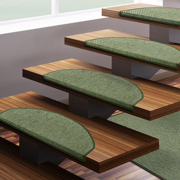 FLOORDIREKT Stufenmatte Sabang - Sisaloptik - Gekettelter Rand & Selbstklebend - Grün - 19 x 56 cm - Halbrund