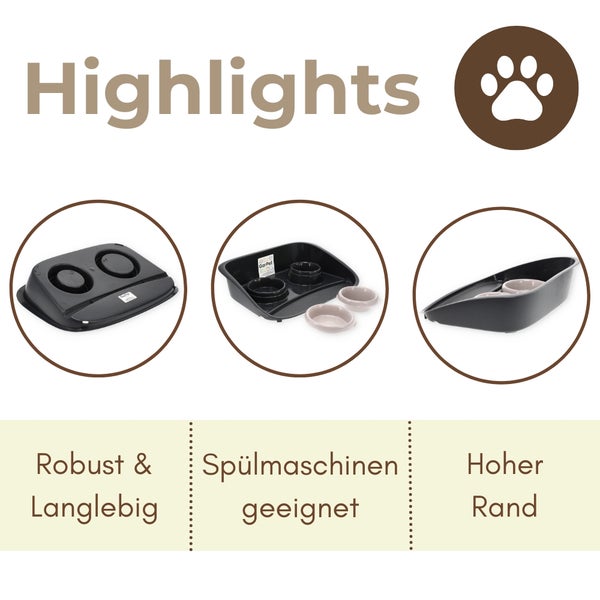 Highlights der robusten Napfstation: langlebig, spülmaschinengeeignet und mit hohem Rand.
