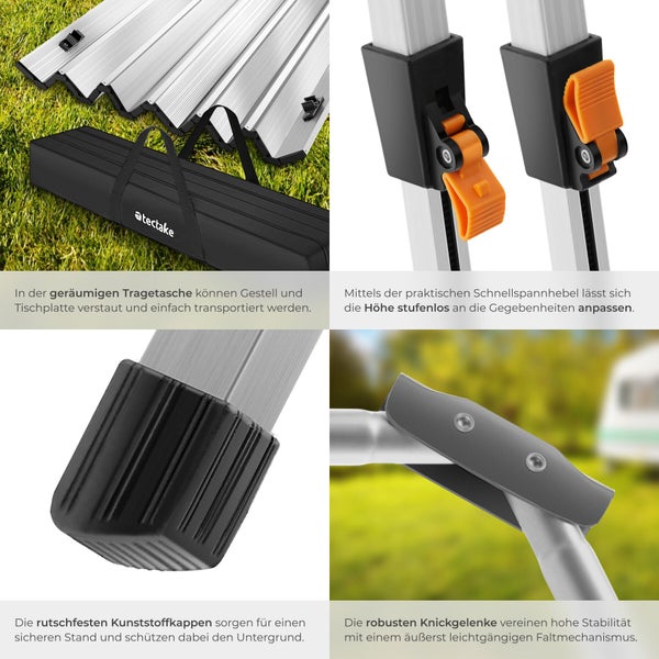 Collage mit Details eines Aluminium-Campingtisches: Tragetasche mit tectake Logo, Höhenverstellung, rutschfeste Kunststoffkappen und Klappgelenke.