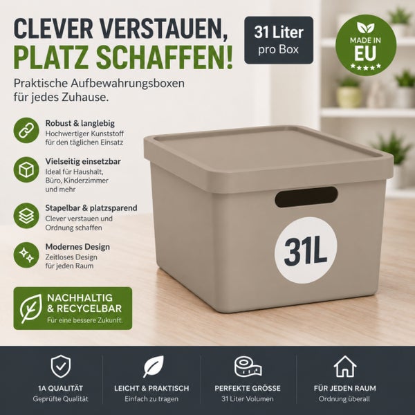 Aufbewahrungsbox aus Kunststoff mit 31 Liter Volumen, stapelbar und vielseitig einsetzbar, ideal für Haushalt und Büro, nachhaltig und recycelbar.