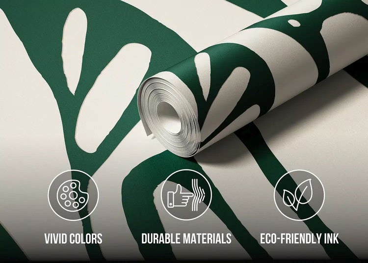 Tapetenrolle mit botanischem Design, Merkmale sind lebendige Farben, langlebige Materialien und umweltfreundliche Tinte.