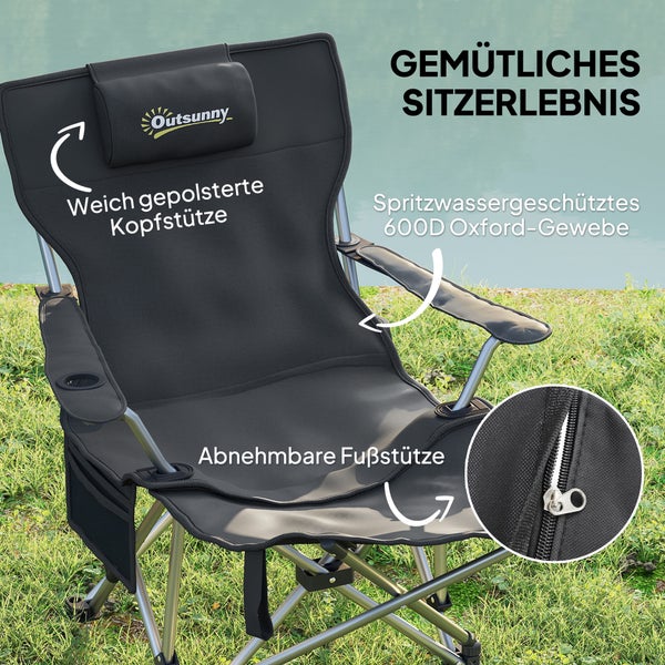 Outsunny 2er Set Campingstuhl faltbar Angelstuhl mit abnehmbar Fußstütze Kopfstütze Getränkehalter Gartenstuhl belastbar 120 kg Liegestuhl für Erwachsene Klappstuhl Campingstühle Strandstuhl
