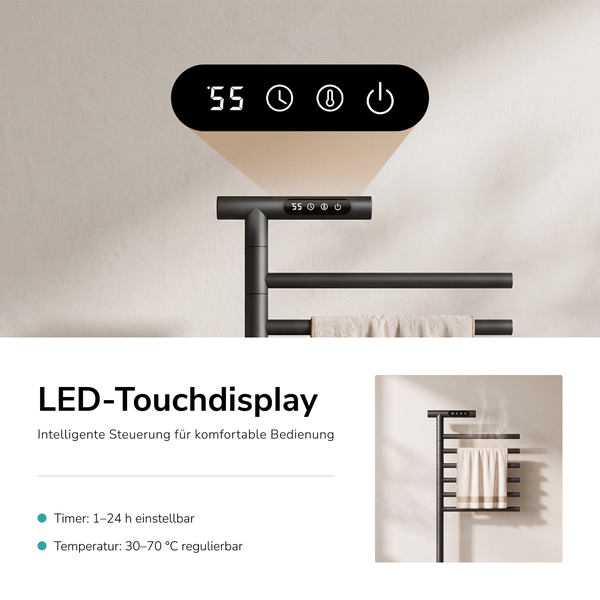 Handtuchheizkörper mit LED Touchdisplay, einstellbarem Timer von 1 bis 24 Stunden und regelbarer Temperatur zwischen 30 und 70 Grad Celsius.