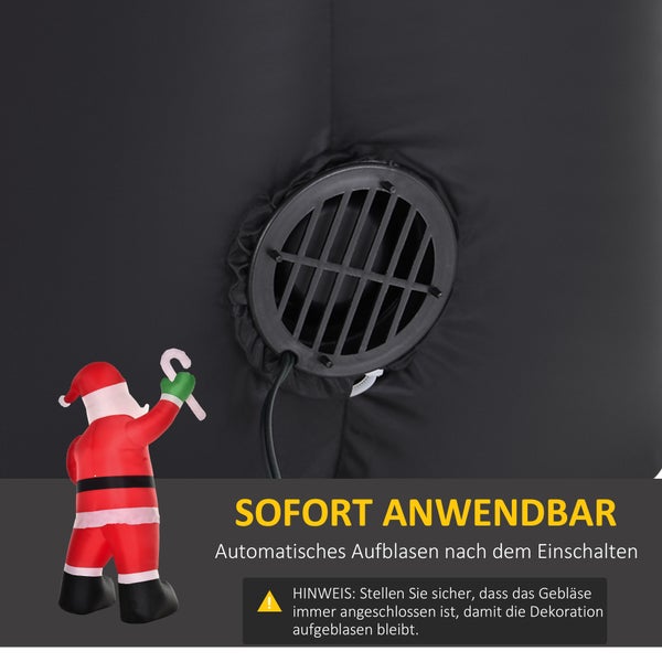 HOMCOM Aufblasbarer Weihnachtsmann mit Zuckerstange, 250 cm LED mit Gebläse, 140 x 85 x 250 cm, Polyester, Weiß+Rot+Grün