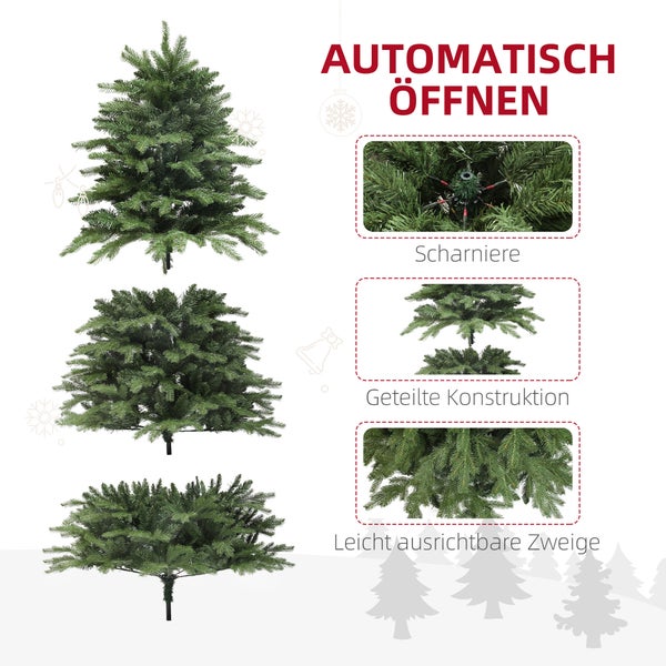 Infografik eines künstlichen Weihnachtsbaums mit automatischem Öffnen, Scharnieren, geteilter Konstruktion und leicht ausrichtbaren Zweigen.