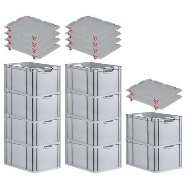 PROREGAL SparSet 10x Eurobox NextGen Grip mit Auflagedeckel mit 4 Roten Schiebeschnappverschlüssen HxBxT 32 x 40 x 60 cm 65 Liter