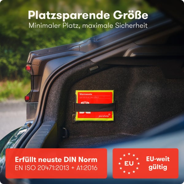 PURAHELP Warnwesten Auto 4er Set Europaweit gültig nach EN ISO 20471 - Reflektierende Warnweste Auto - Sicherheitsweste Auto Warnweste Gelb - Warnschutzweste - Sicherheitswesten für Erwachsene