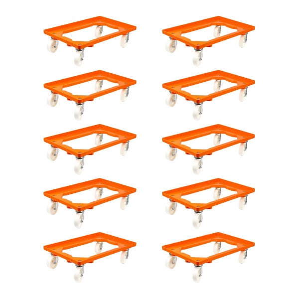 PROREGAL SparSet 10x Transportroller für Euroboxen 60 x 40 cm mit Kunststoffräder Orange Offenes Deck 2 Lenkrollen und 2 Bockrollen Traglast 300 kg