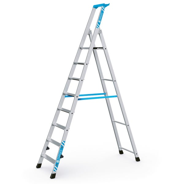 Aluminium-Stufenleiter mit acht Stufen und Zarges Logo.