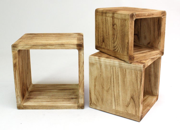 FRANK FLECHTWAREN | Regal-Cubes Geflammt, 3er Set, HOLZ, 27 x 35 x 27 cm, 35 x 35 x 35 cm, 44 x 35 x 44 cm, Holzstärke 3 cm, ohne Deko
