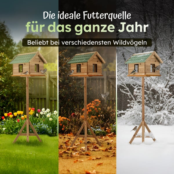 Holz Vogelhaus mit Ständer für den Garten, geeignet als ganzjährige Futterquelle für Wildvögel bei unterschiedlichen Witterungsbedingungen.