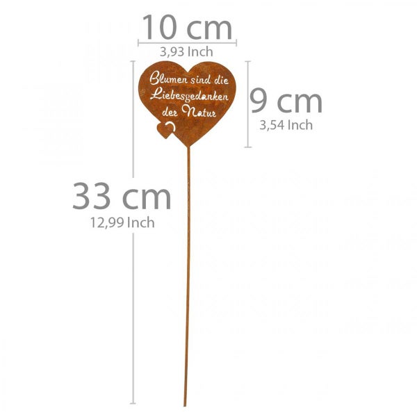 Herzförmiger Gartenstecker mit Spruch und Maßangaben