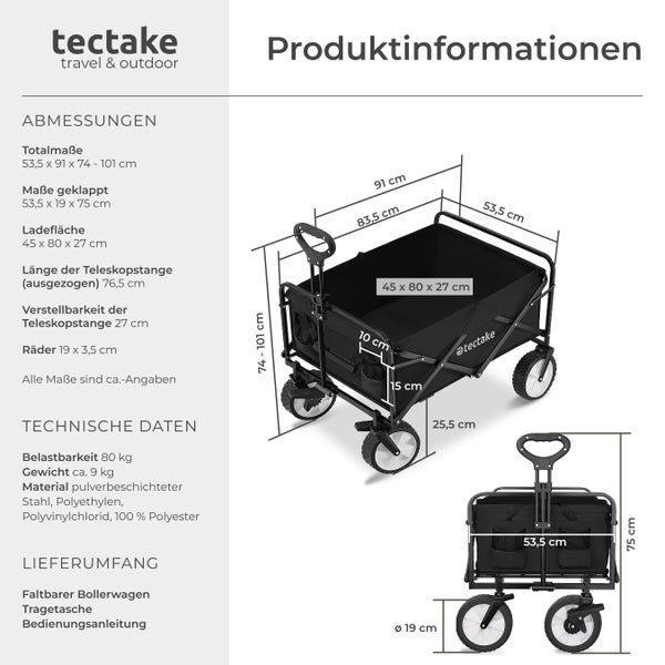 Bollerwagen tectake Leon inklusive Tragetasche, Belastbarkeit 80 kg faltbar schwarz