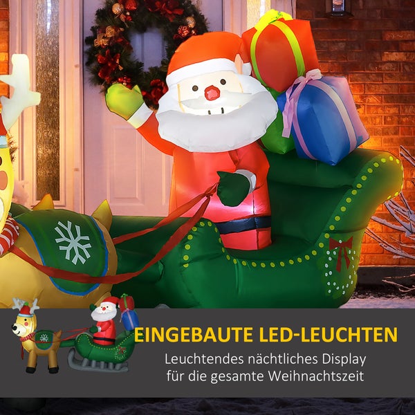 HOMCOM Aufblasbar Weihnachtsmann mit Rentieren, LED-Licht, 210L x 70B x 125H cm, Polyester-Stoff, Mehrfarbig