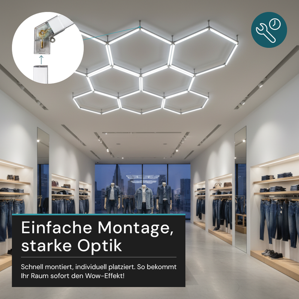 Innenraum eines Bekleidungsgeschäfts mit sechseckiger Deckenleuchte und Symbol für einfache Montage