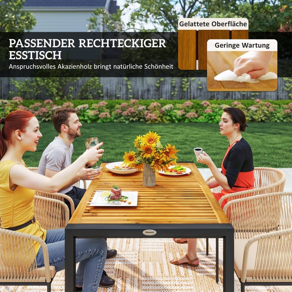 Outsunny 5-teiliges Polyrattan Gartenmöbel-Set für 4 Personen, wetterfest Balkonmöbel mit Tisch 4 Stühle abnehmbar Sitzkissen, Outdoor Terrassenmöbel Lounge-Set für Balkon, Garten, Naturholz+Khaki