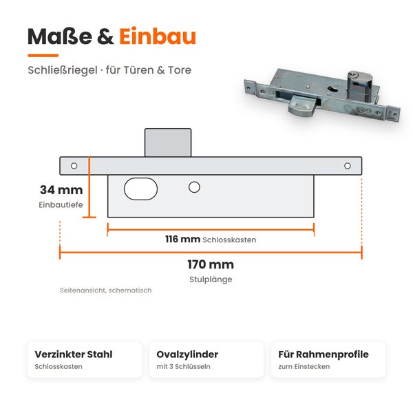 Technische Zeichnung und Produktfoto eines verzinkten Schließriegels für Türen und Tore mit Maßen für Einbautiefe, Schlosskasten und Stullänge.