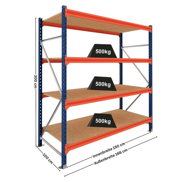 Blau-oranges Weitspannregal mit 4 Holzböden: Höhe 300 Zentimeter, Tiefe 100 Zentimeter, Außenbreite 166 Zentimeter, Traglast 500 Kilogramm pro Boden.