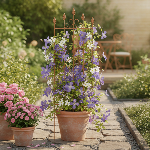 Dekorative Rankhilfe aus rostfarbenem Metall mit Spitzen in einem Tontopf mit Waldreben auf einem gepflasterten Gartenweg.