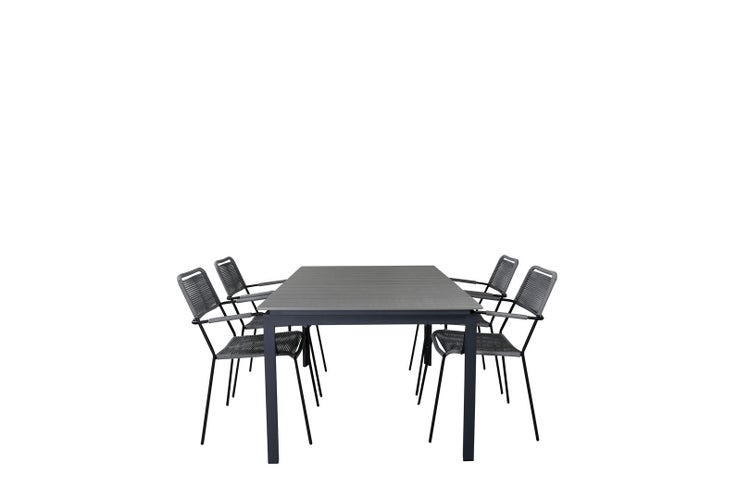 Levels Gartenset Tisch 100x160/240cm und 4 Stühle Armlehne Lindos schwarz, grau.