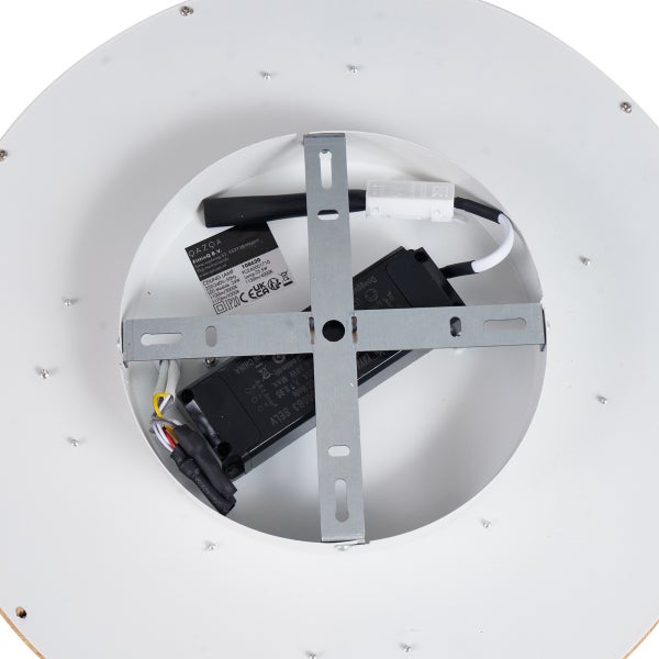 Innenansicht einer runden Deckenleuchte mit elektronischen Bauteilen und Montagehalterung